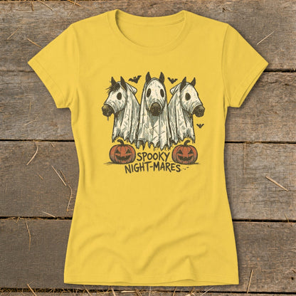 Three horses dressed as ghosts with pumpkins and bats, reading "Spooky Night-Mares".