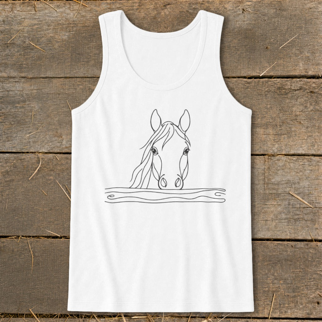 White tank top with a black line drawing of a horse's head peeking over a fence.