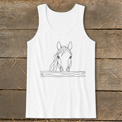 White tank top with a black line drawing of a horse's head peeking over a fence.