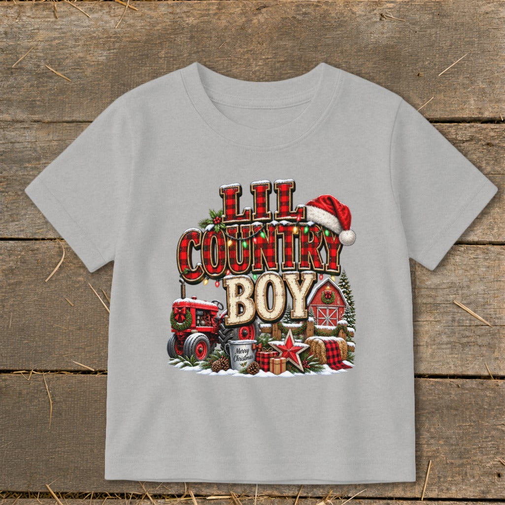 Grey t-shirt with "Lil Country Boy" text, red tractor, barn, and Santa hat.