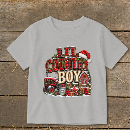 Grey t-shirt with "Lil Country Boy" text, red tractor, barn, and Santa hat.