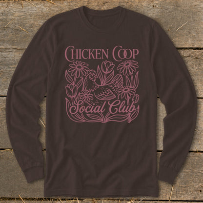 Brown long-sleeve shirt with "Chicken Coop Social Club" text and a chicken illustration.