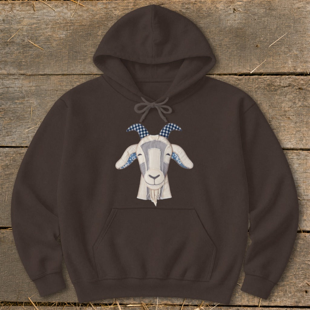 Brown hoodie with a stitched goat face and blue checkered horns.