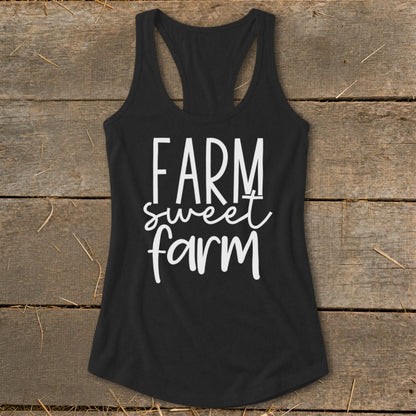 Black racerback tank top with white text that reads "FARM sweet farm".
