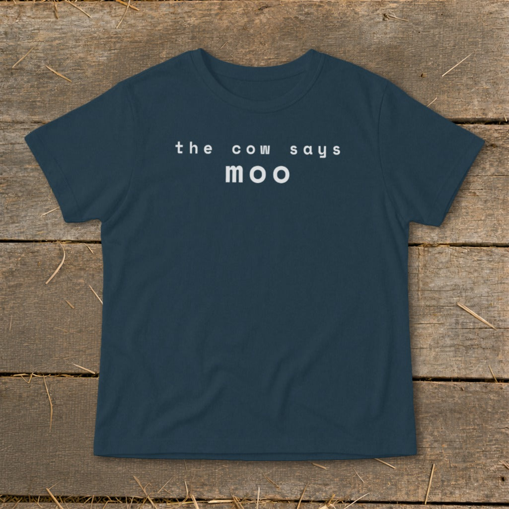 Navy t-shirt with white text "the cow says moo".