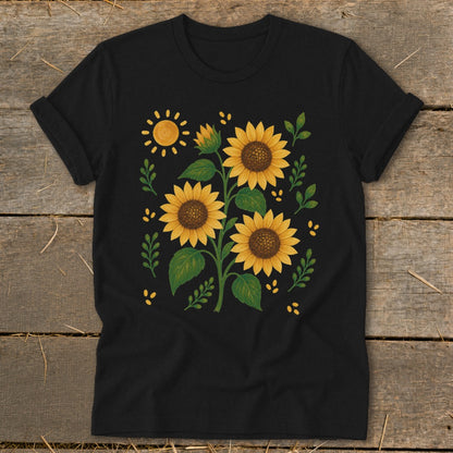 Black t-shirt with a watercolor-style sunflower and sun design.