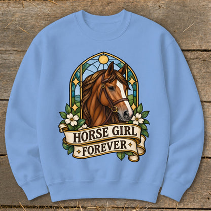 Light blue sweatshirt with a horse graphic and "HORSE GIRL FOREVER" text.