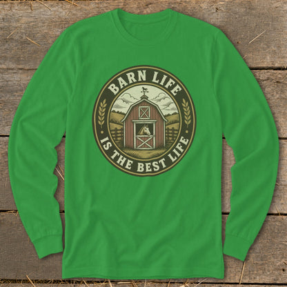 Green long-sleeve shirt with a circular graphic of a barn and horse, text reads "Barn Life is the Best Life".