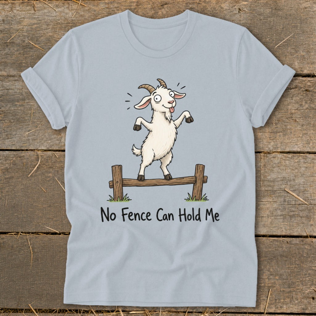 Light blue t-shirt with cartoon goat on a fence, "No Fence Can Hold Me" text.