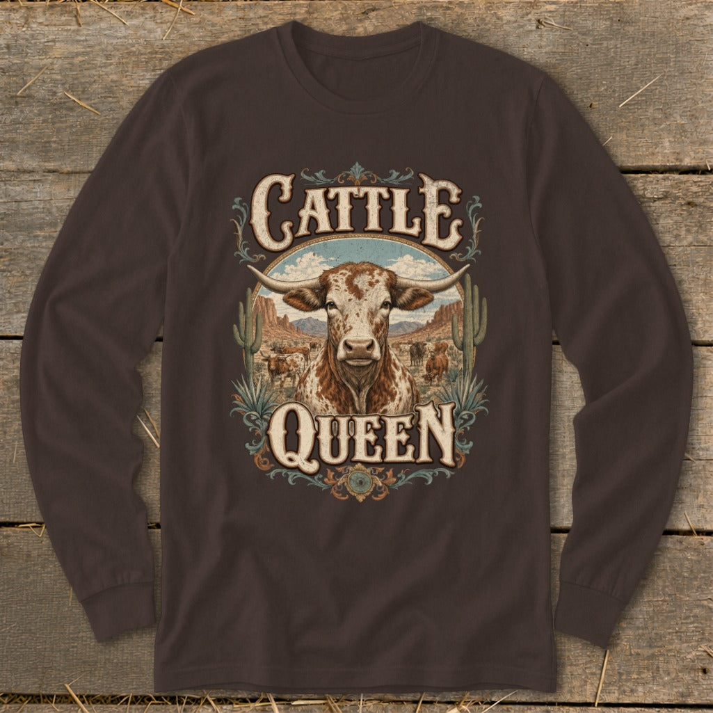 Long sleeve brown t-shirt with a cattle portrait and "Cattle Queen" text.
