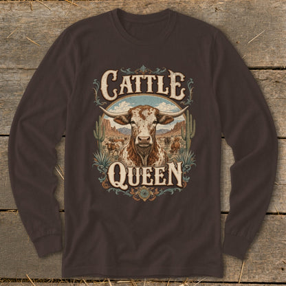 Long sleeve brown t-shirt with a cattle portrait and "Cattle Queen" text.