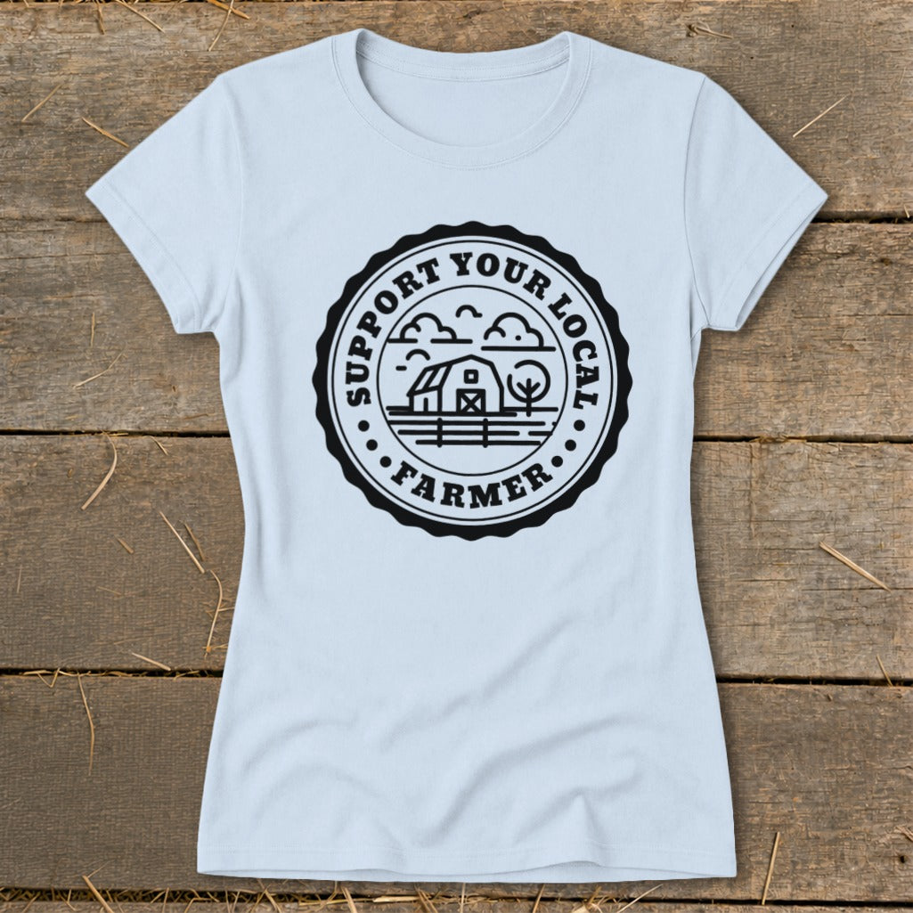Light blue t-shirt with "Support Your Local Farmer" text and farm graphic.