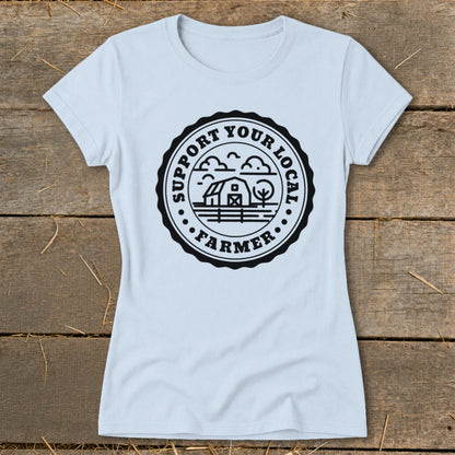 Light blue t-shirt with "Support Your Local Farmer" text and farm graphic.