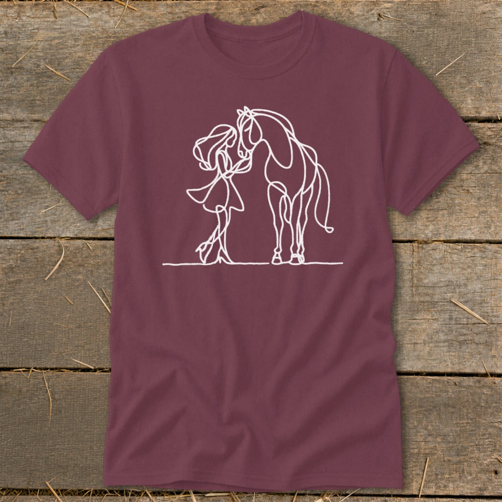 Maroon t-shirt with white line art of a girl and horse.