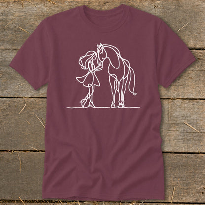 Maroon t-shirt with white line art of a girl and horse.