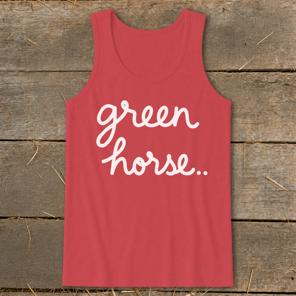 Red tank top with white script text "green horse..".