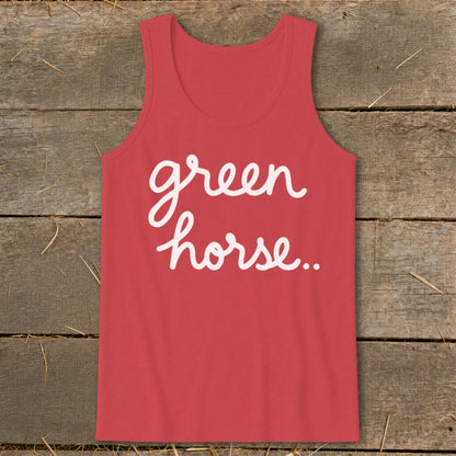 Red tank top with white script text "green horse..".