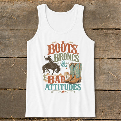 White tank top with "Boots, Broncs & Bad Attitudes" text and cowboy graphics.