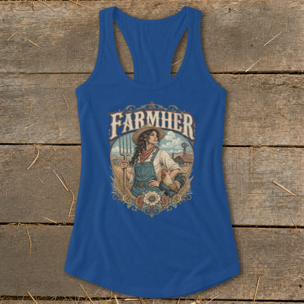 Blue tank top with "FARMHER" text and farmer girl, rooster, and farm scenery illustration.