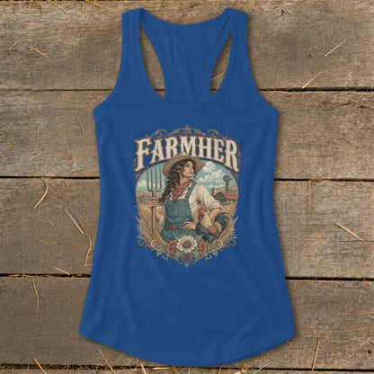 Blue tank top with "FARMHER" text and farmer girl, rooster, and farm scenery illustration.