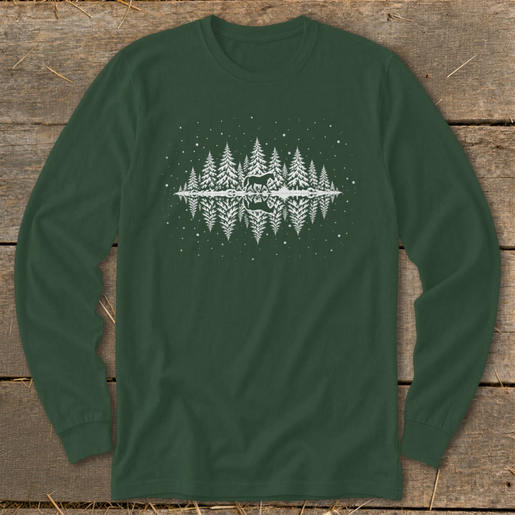 Dark green long-sleeve shirt with white forest and deer reflection graphic.