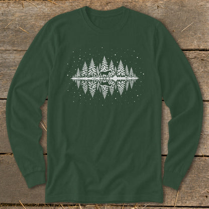 Dark green long-sleeve shirt with white forest and deer reflection graphic.