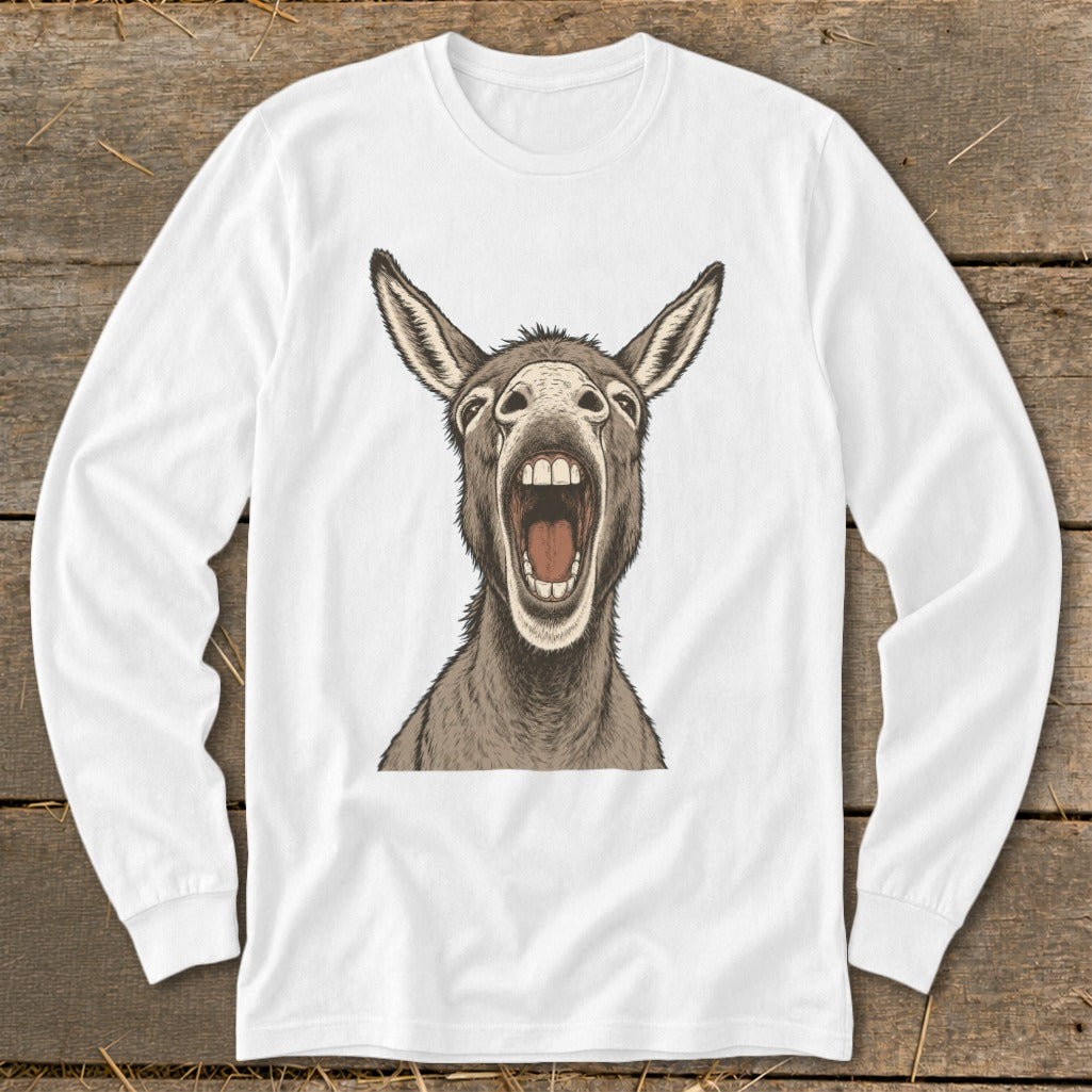 White long-sleeve shirt featuring a detailed drawing of a donkey with its mouth wide open.