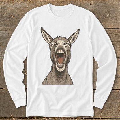 White long-sleeve shirt featuring a detailed drawing of a donkey with its mouth wide open.