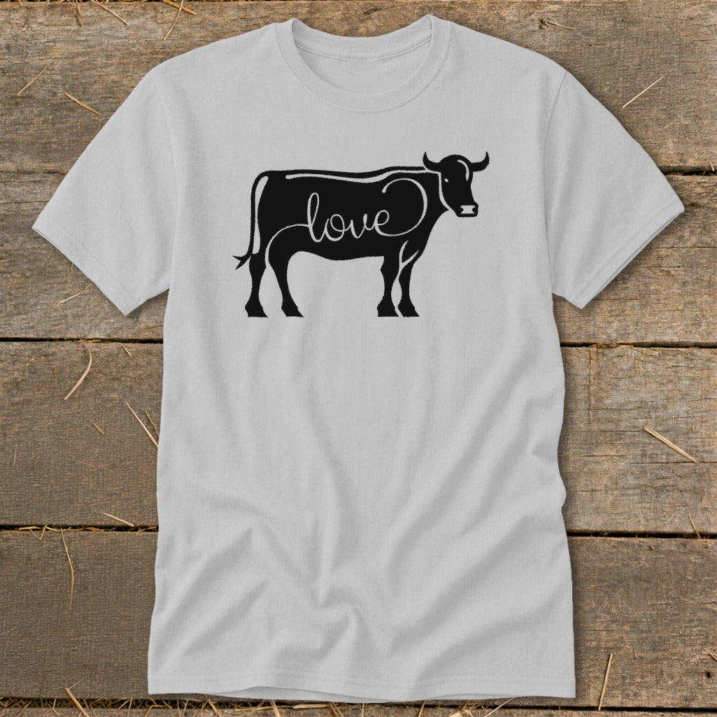 Light gray t-shirt with a black silhouette of a cow with the word "love" inside.