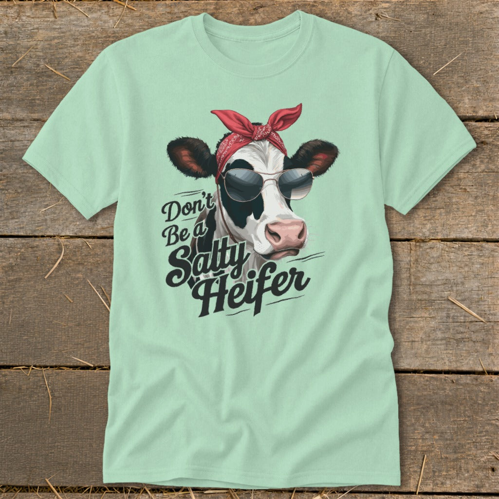 Cow wearing sunglasses and bandana with text "Don't Be a Salty Heifer".