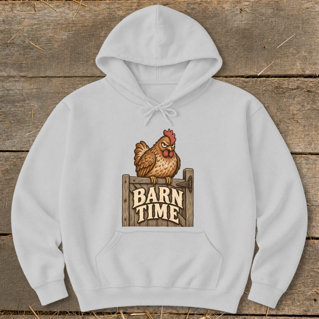 White hoodie with cartoon chicken and "Barn Time" text on wooden sign.