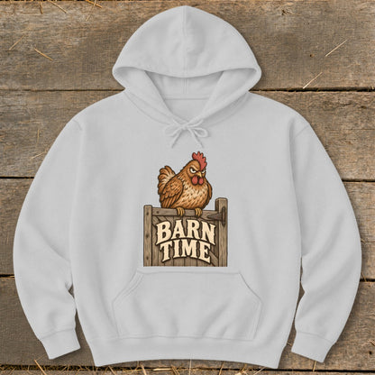 White hoodie with cartoon chicken and "Barn Time" text on wooden sign.
