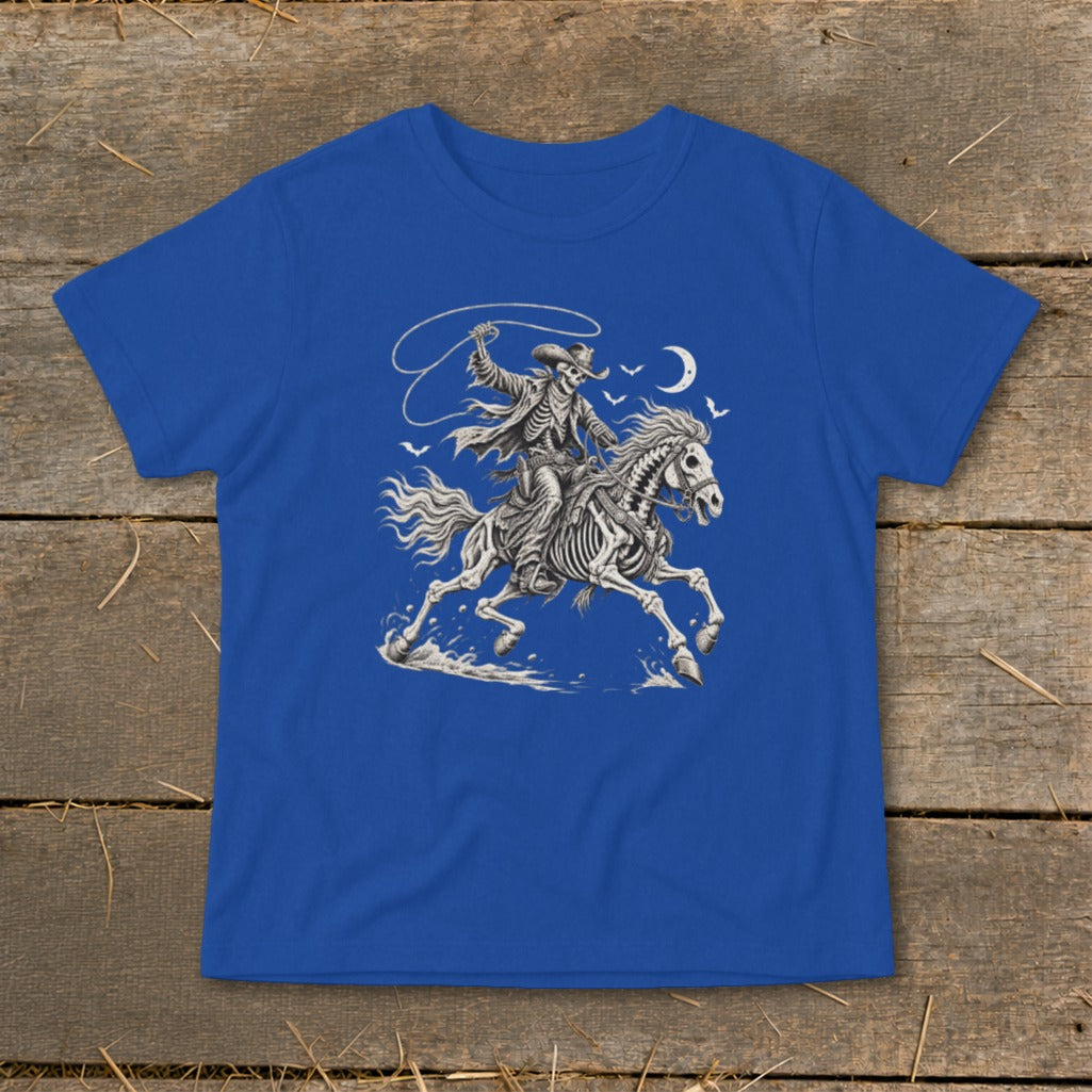 Skeleton cowboy on horseback with lasso, against a moonlit sky.