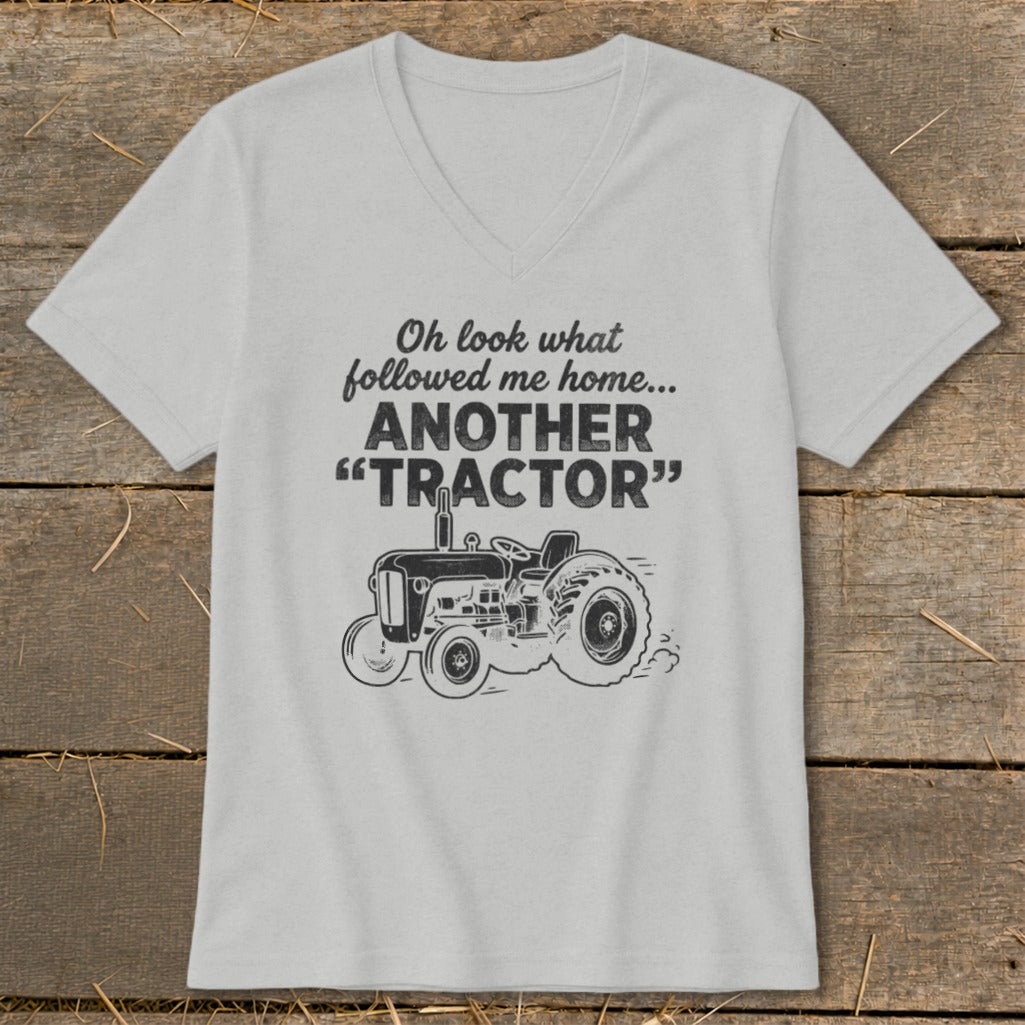 Grey v-neck t-shirt with "Another Tractor" text and tractor graphic.
