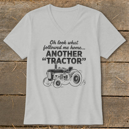 Grey v-neck t-shirt with "Another Tractor" text and tractor graphic.