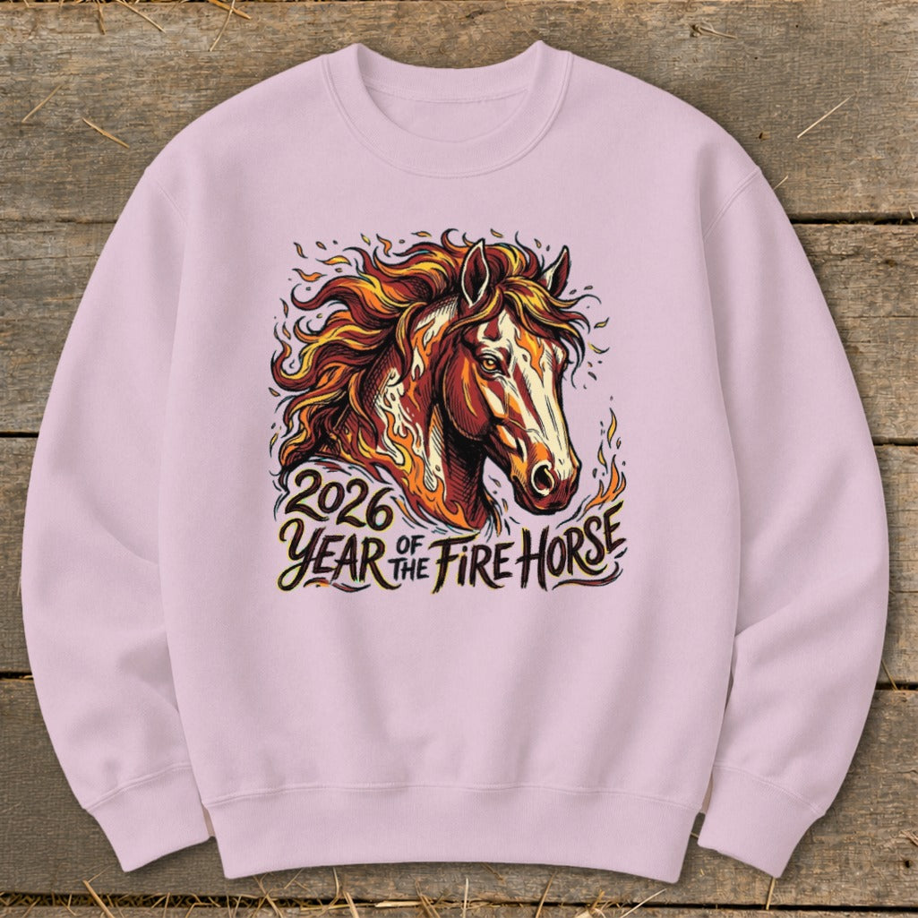 Pink sweatshirt with graphic of a fire horse and text "2026 Year of the Fire Horse".