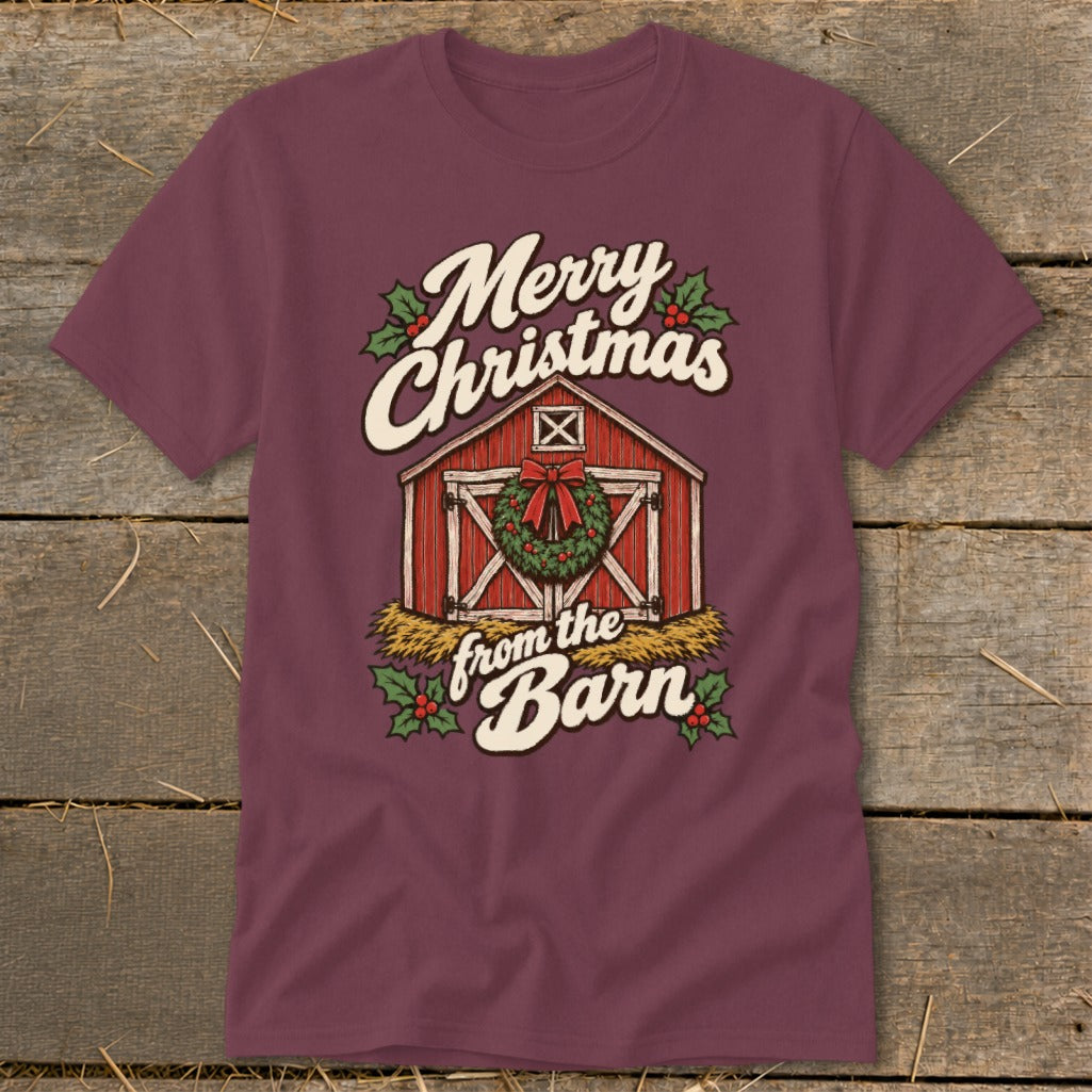 Maroon t-shirt with "Merry Christmas from the Barn" text and barn graphic.