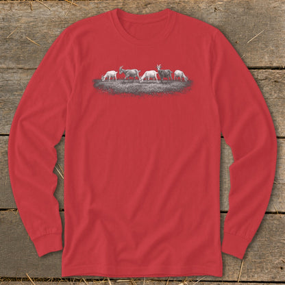 Red long sleeve shirt with a graphic of five goats grazing in a field.