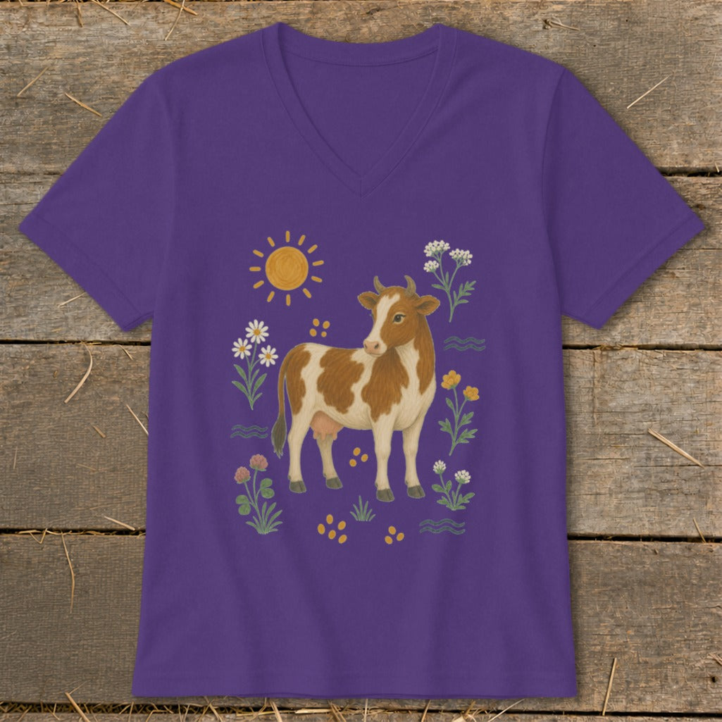 Purple v-neck t-shirt with brown and white cow, sun, and flowers graphic.