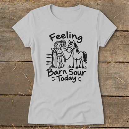Light grey t-shirt with black graphic of girl and horse, text "Feeling Barn Sour Today".