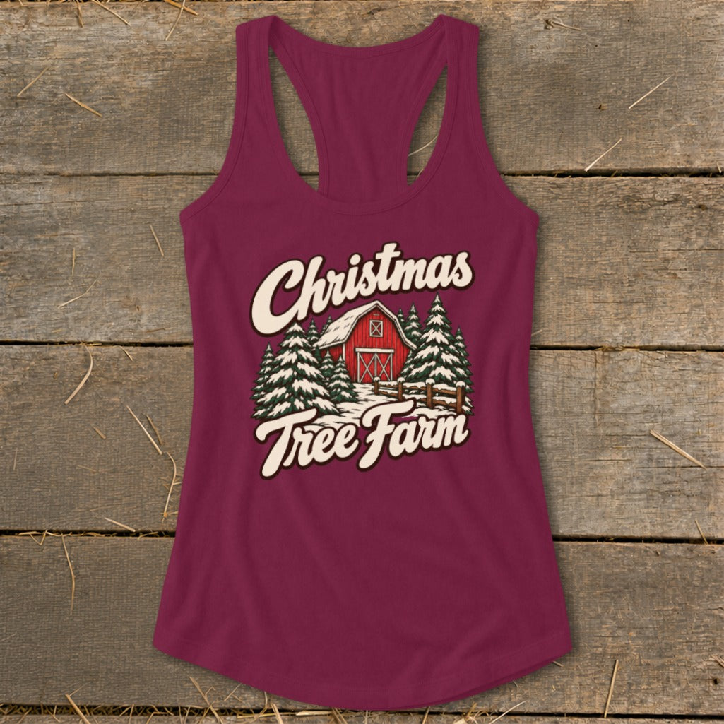 Maroon tank top with "Christmas Tree Farm" text and winter barn graphic.