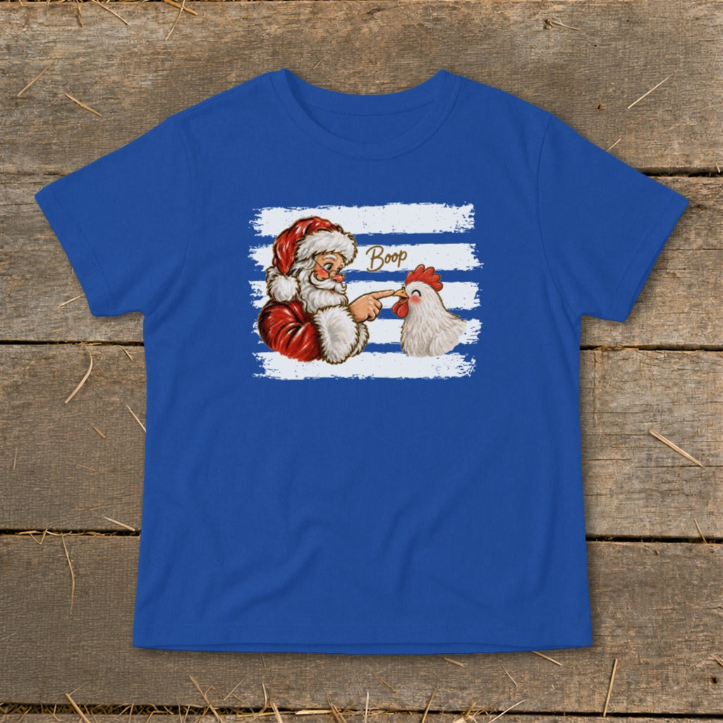 Santa booping a chicken with the word "Boop" on a blue shirt.