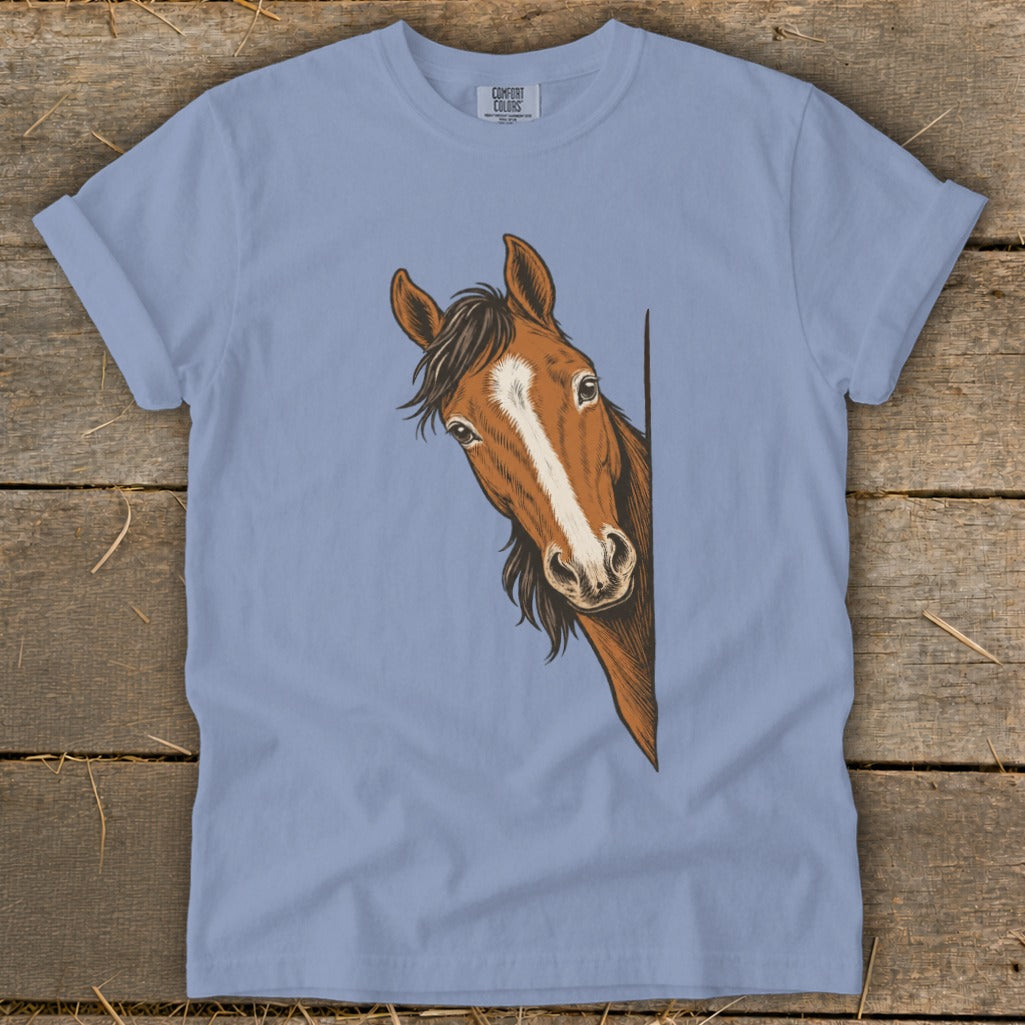 Brown horse peeking from the right side of a light blue t-shirt.