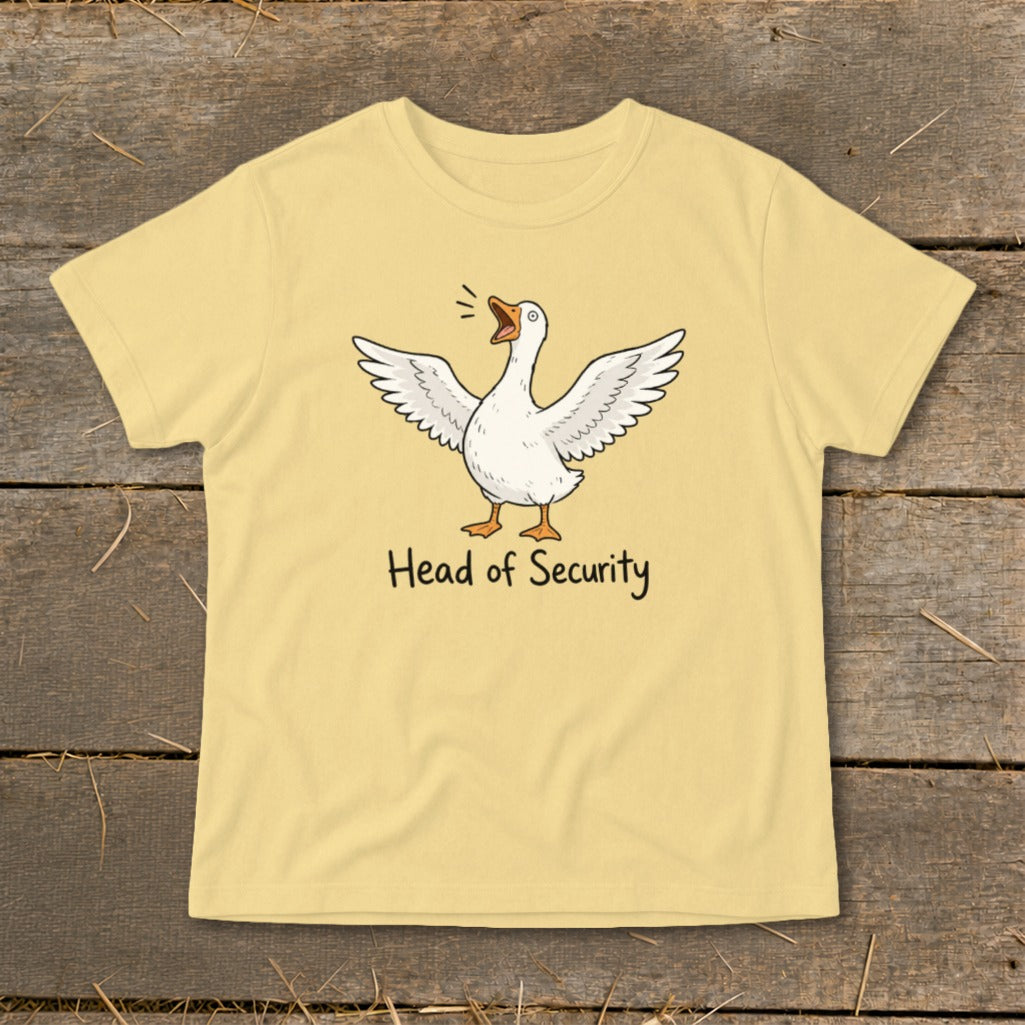 Yellow t-shirt with a white goose cartoon spreading its wings and the text "Head of Security".