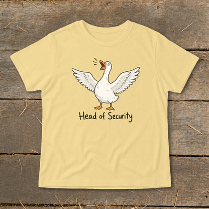 Yellow t-shirt with a white goose cartoon spreading its wings and the text "Head of Security".