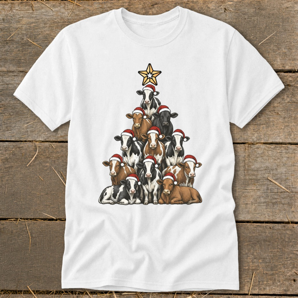 Cows wearing Santa hats arranged in a Christmas tree shape with a star on top.