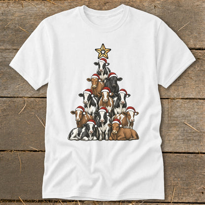 Cows wearing Santa hats arranged in a Christmas tree shape with a star on top.