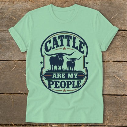 T-shirt with a graphic saying "Cattle Are My People" featuring two longhorn cattle.