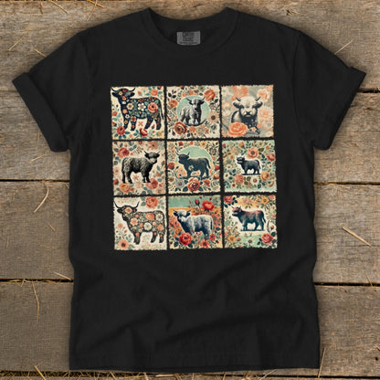 Black t-shirt with a nine-panel print featuring cows and flowers in a vintage style.