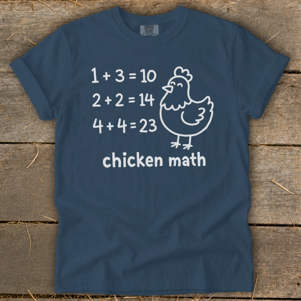 Navy t-shirt with "chicken math" text and funny math equations.